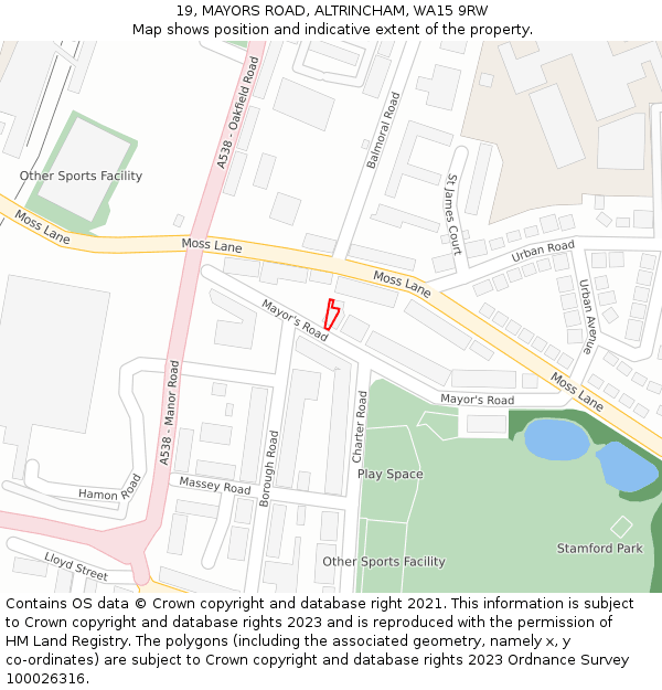19, MAYORS ROAD, ALTRINCHAM, WA15 9RW: Location map and indicative extent of plot