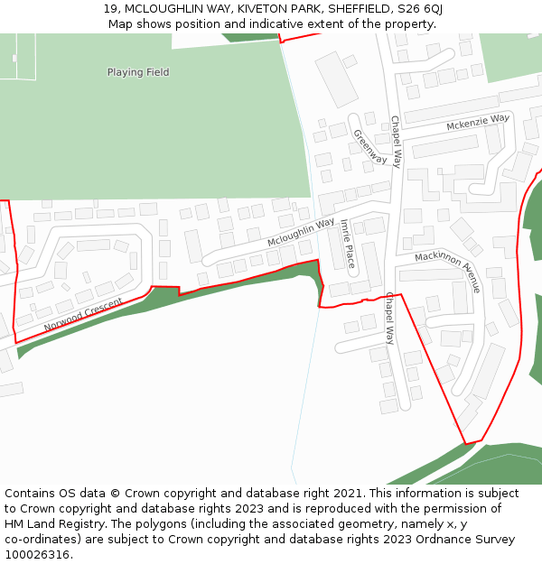 19, MCLOUGHLIN WAY, KIVETON PARK, SHEFFIELD, S26 6QJ: Location map and indicative extent of plot