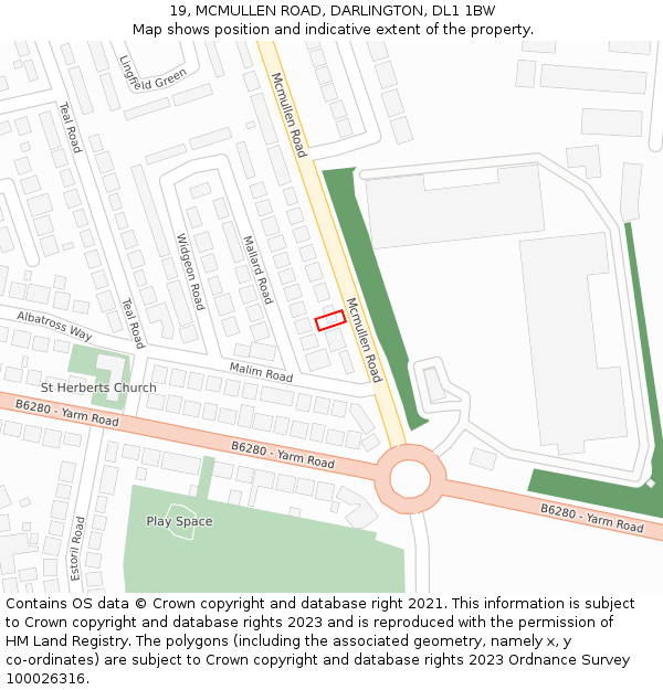 19, MCMULLEN ROAD, DARLINGTON, DL1 1BW: Location map and indicative extent of plot