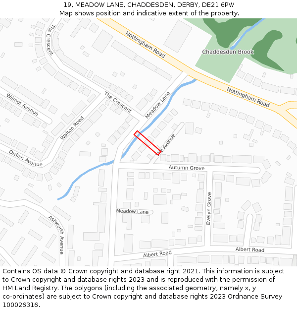 19, MEADOW LANE, CHADDESDEN, DERBY, DE21 6PW: Location map and indicative extent of plot