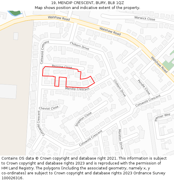 19, MENDIP CRESCENT, BURY, BL8 1QZ: Location map and indicative extent of plot