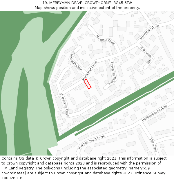 19, MERRYMAN DRIVE, CROWTHORNE, RG45 6TW: Location map and indicative extent of plot