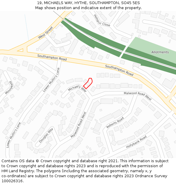 19, MICHAELS WAY, HYTHE, SOUTHAMPTON, SO45 5ES: Location map and indicative extent of plot