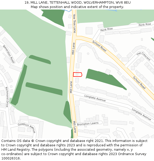 19, MILL LANE, TETTENHALL WOOD, WOLVERHAMPTON, WV6 8EU: Location map and indicative extent of plot