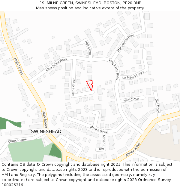 19, MILNE GREEN, SWINESHEAD, BOSTON, PE20 3NP: Location map and indicative extent of plot