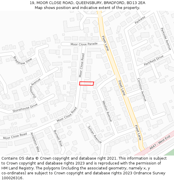 19, MOOR CLOSE ROAD, QUEENSBURY, BRADFORD, BD13 2EA: Location map and indicative extent of plot