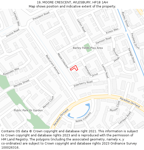 19, MOORE CRESCENT, AYLESBURY, HP18 1AH: Location map and indicative extent of plot