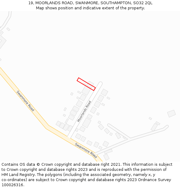 19, MOORLANDS ROAD, SWANMORE, SOUTHAMPTON, SO32 2QL: Location map and indicative extent of plot