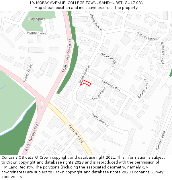 19, MORAY AVENUE, COLLEGE TOWN, SANDHURST, GU47 0RN: Location map and indicative extent of plot