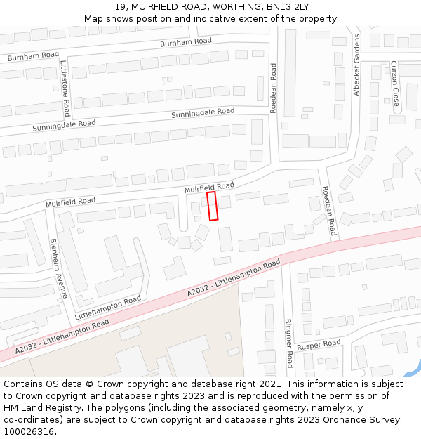 19, MUIRFIELD ROAD, WORTHING, BN13 2LY: Location map and indicative extent of plot