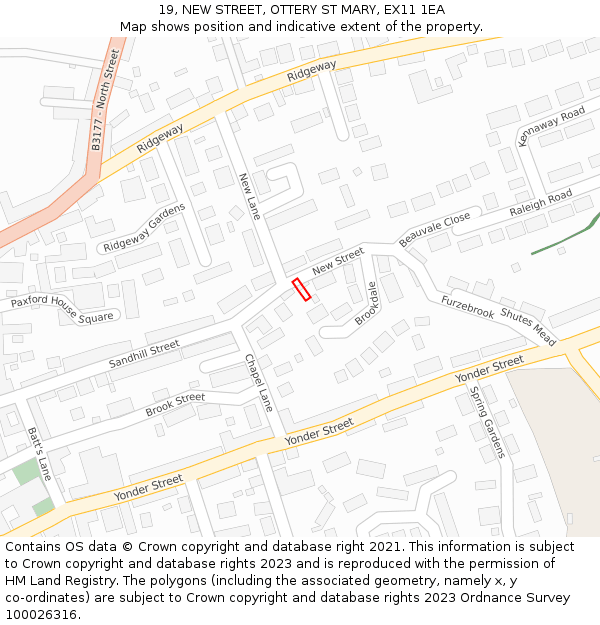19, NEW STREET, OTTERY ST MARY, EX11 1EA: Location map and indicative extent of plot