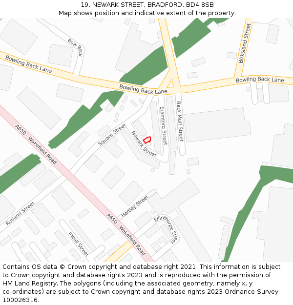 19, NEWARK STREET, BRADFORD, BD4 8SB: Location map and indicative extent of plot