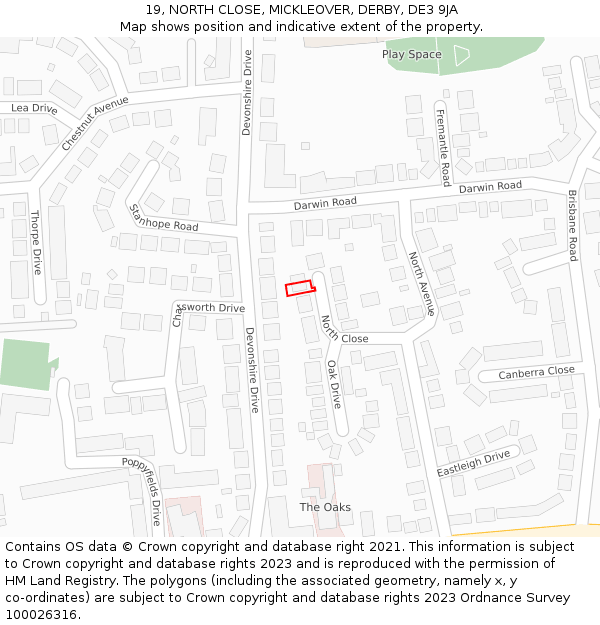 19, NORTH CLOSE, MICKLEOVER, DERBY, DE3 9JA: Location map and indicative extent of plot