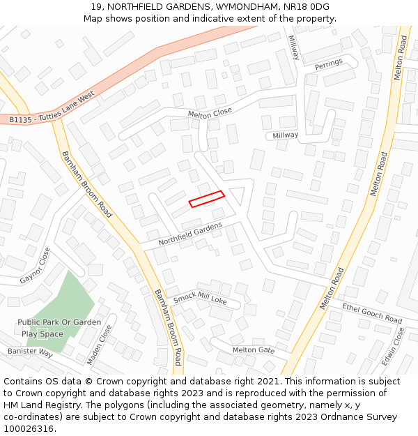 19, NORTHFIELD GARDENS, WYMONDHAM, NR18 0DG: Location map and indicative extent of plot