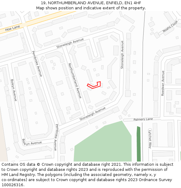 19, NORTHUMBERLAND AVENUE, ENFIELD, EN1 4HF: Location map and indicative extent of plot