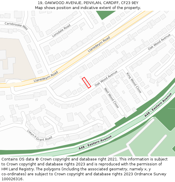 19, OAKWOOD AVENUE, PENYLAN, CARDIFF, CF23 9EY: Location map and indicative extent of plot