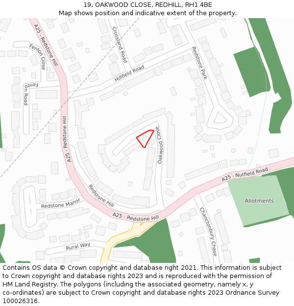 19, OAKWOOD CLOSE, REDHILL, RH1 4BE: Location map and indicative extent of plot