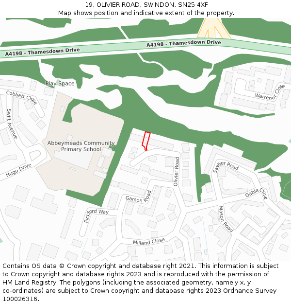 19, OLIVIER ROAD, SWINDON, SN25 4XF: Location map and indicative extent of plot