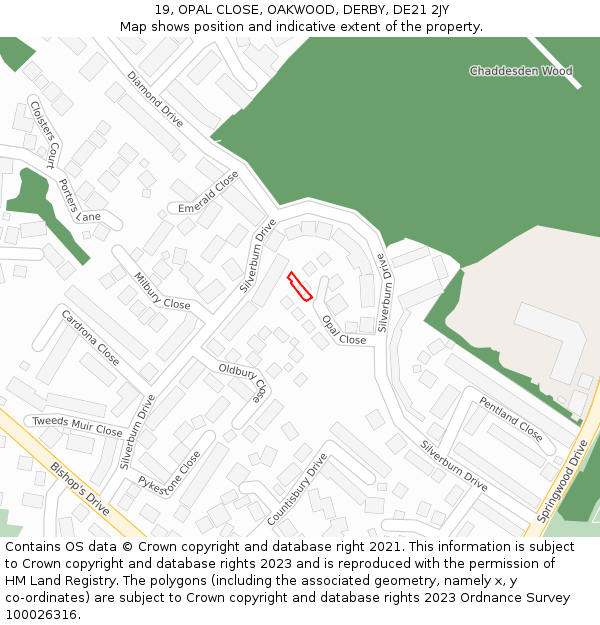 19, OPAL CLOSE, OAKWOOD, DERBY, DE21 2JY: Location map and indicative extent of plot