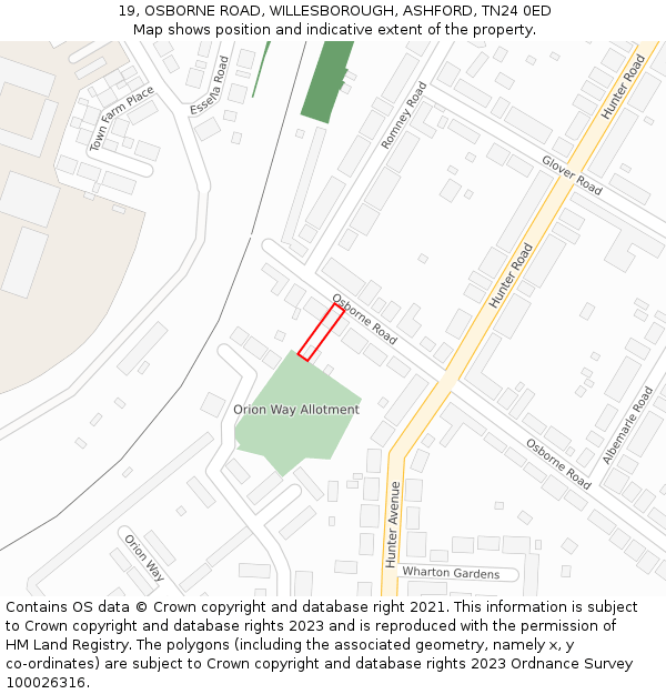 19, OSBORNE ROAD, WILLESBOROUGH, ASHFORD, TN24 0ED: Location map and indicative extent of plot