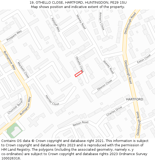 19, OTHELLO CLOSE, HARTFORD, HUNTINGDON, PE29 1SU: Location map and indicative extent of plot