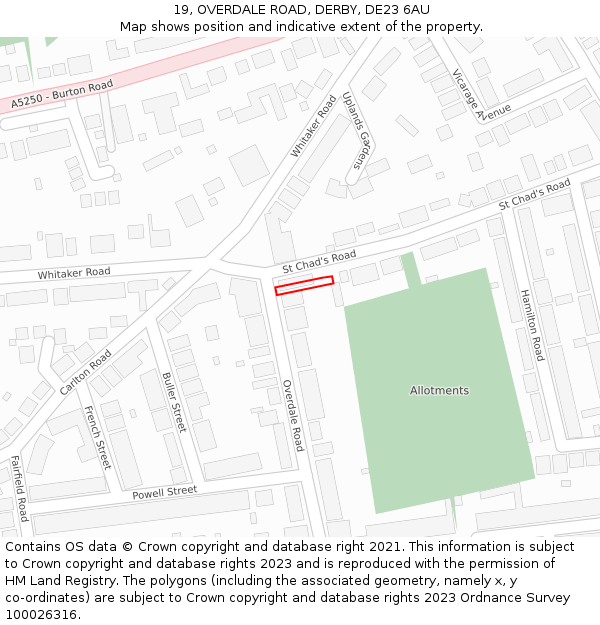 19, OVERDALE ROAD, DERBY, DE23 6AU: Location map and indicative extent of plot