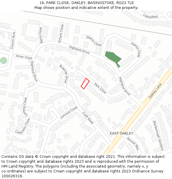 19, PARK CLOSE, OAKLEY, BASINGSTOKE, RG23 7LE: Location map and indicative extent of plot