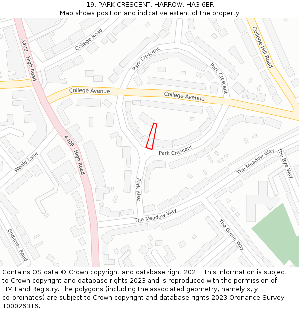 19, PARK CRESCENT, HARROW, HA3 6ER: Location map and indicative extent of plot
