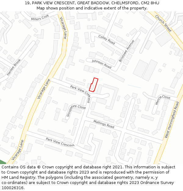 19, PARK VIEW CRESCENT, GREAT BADDOW, CHELMSFORD, CM2 8HU: Location map and indicative extent of plot
