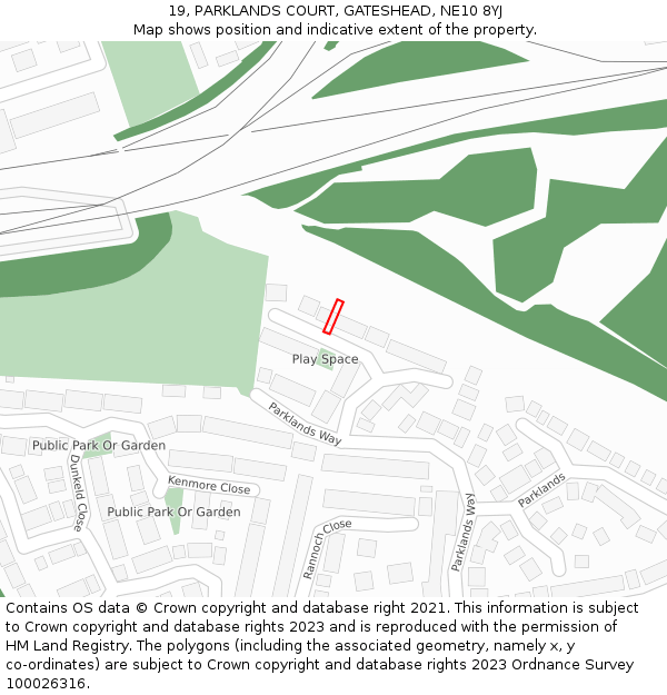 19, PARKLANDS COURT, GATESHEAD, NE10 8YJ: Location map and indicative extent of plot
