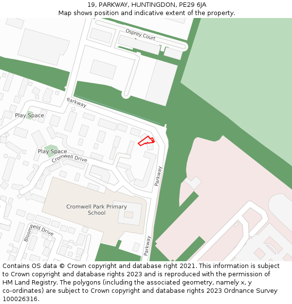19, PARKWAY, HUNTINGDON, PE29 6JA: Location map and indicative extent of plot