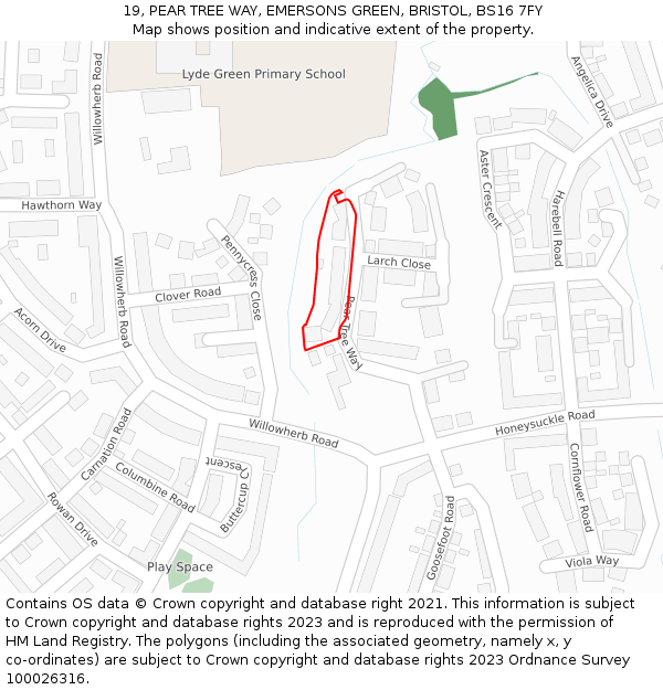 19, PEAR TREE WAY, EMERSONS GREEN, BRISTOL, BS16 7FY: Location map and indicative extent of plot