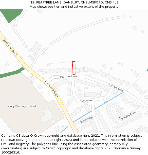 19, PEARTREE LANE, DANBURY, CHELMSFORD, CM3 4LS: Location map and indicative extent of plot
