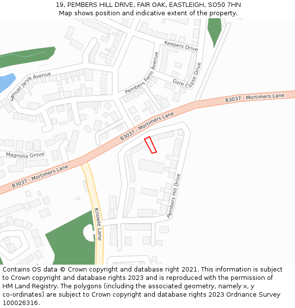 19, PEMBERS HILL DRIVE, FAIR OAK, EASTLEIGH, SO50 7HN: Location map and indicative extent of plot
