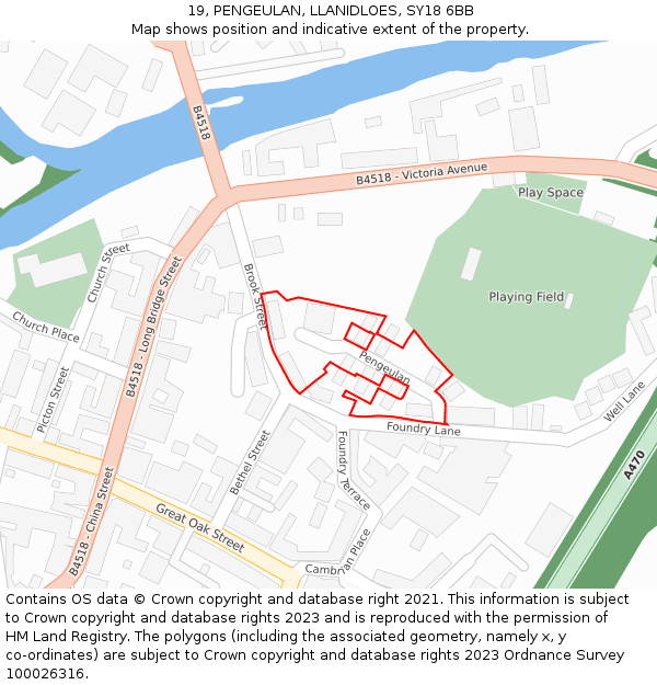 19, PENGEULAN, LLANIDLOES, SY18 6BB: Location map and indicative extent of plot