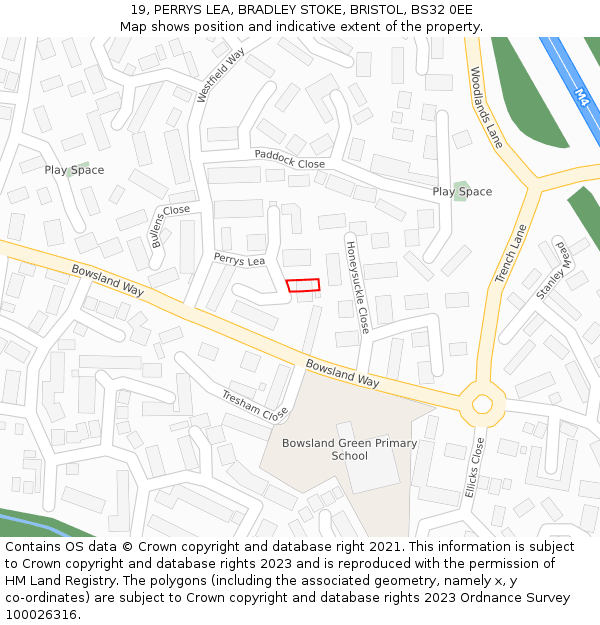 19, PERRYS LEA, BRADLEY STOKE, BRISTOL, BS32 0EE: Location map and indicative extent of plot