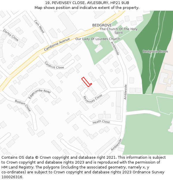 19, PEVENSEY CLOSE, AYLESBURY, HP21 9UB: Location map and indicative extent of plot