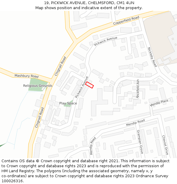 19, PICKWICK AVENUE, CHELMSFORD, CM1 4UN: Location map and indicative extent of plot