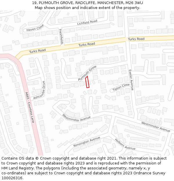 19, PLYMOUTH GROVE, RADCLIFFE, MANCHESTER, M26 3WU: Location map and indicative extent of plot