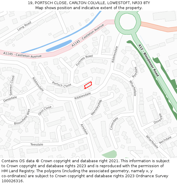 19, PORTSCH CLOSE, CARLTON COLVILLE, LOWESTOFT, NR33 8TY: Location map and indicative extent of plot