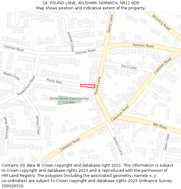 19, POUND LANE, AYLSHAM, NORWICH, NR11 6DR: Location map and indicative extent of plot
