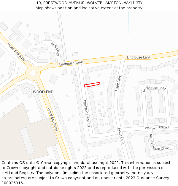 19, PRESTWOOD AVENUE, WOLVERHAMPTON, WV11 3TY: Location map and indicative extent of plot