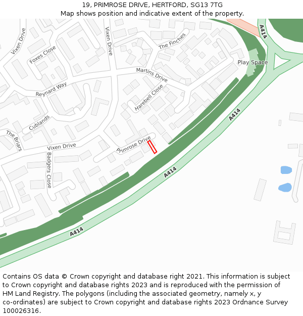 19, PRIMROSE DRIVE, HERTFORD, SG13 7TG: Location map and indicative extent of plot
