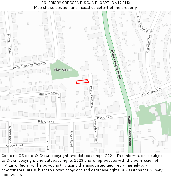 19, PRIORY CRESCENT, SCUNTHORPE, DN17 1HX: Location map and indicative extent of plot