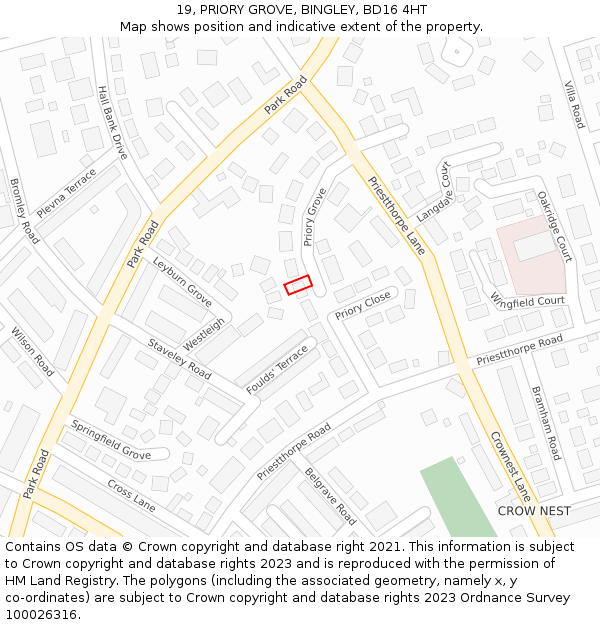 19, PRIORY GROVE, BINGLEY, BD16 4HT: Location map and indicative extent of plot
