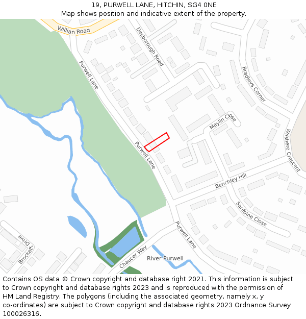 19, PURWELL LANE, HITCHIN, SG4 0NE: Location map and indicative extent of plot