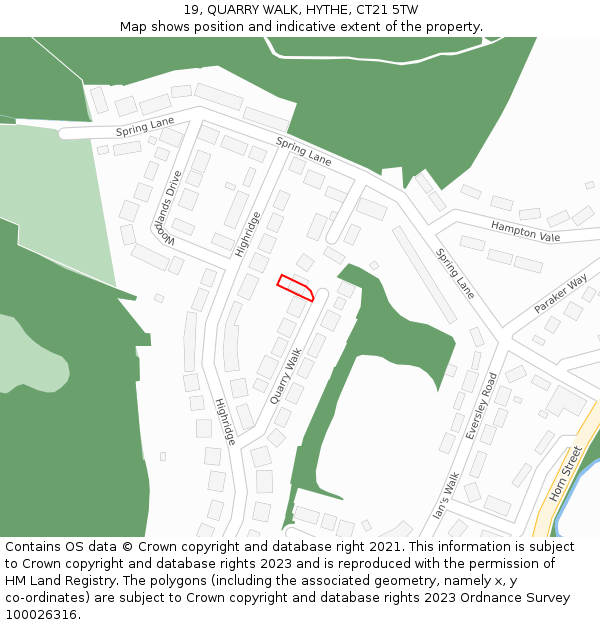 19, QUARRY WALK, HYTHE, CT21 5TW: Location map and indicative extent of plot