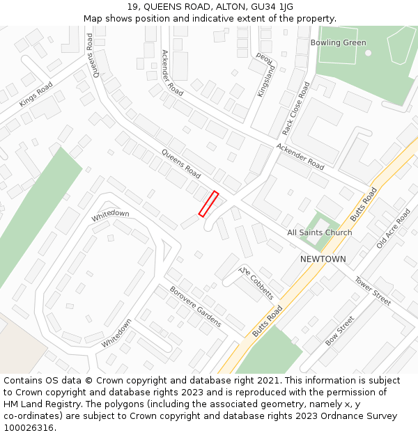 19, QUEENS ROAD, ALTON, GU34 1JG: Location map and indicative extent of plot