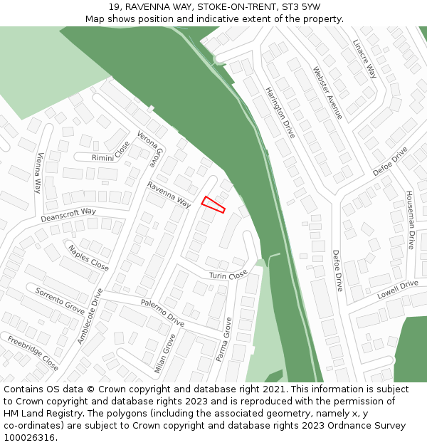 19, RAVENNA WAY, STOKE-ON-TRENT, ST3 5YW: Location map and indicative extent of plot