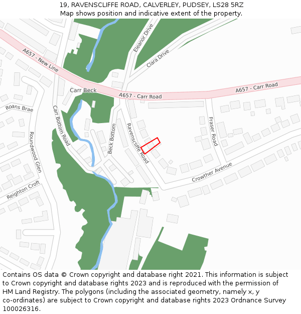 19, RAVENSCLIFFE ROAD, CALVERLEY, PUDSEY, LS28 5RZ: Location map and indicative extent of plot